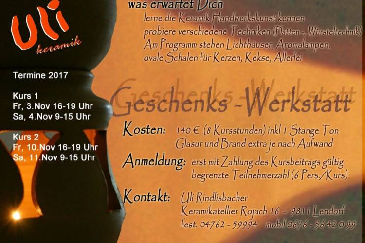 Einladung zum Keramikkurs im November 2017